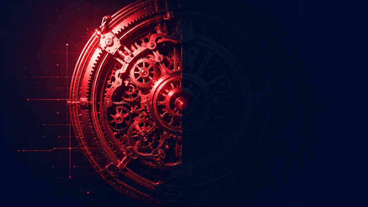 An intricate circular mechanism of gears, one half brightly lit and the other falling away into shadow