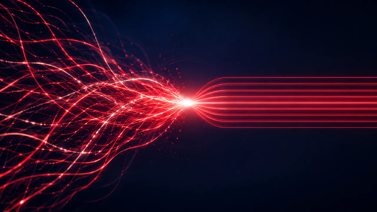 Many scattered streams of light converging into a single bright point and emerging as evenly spaced parallel lines