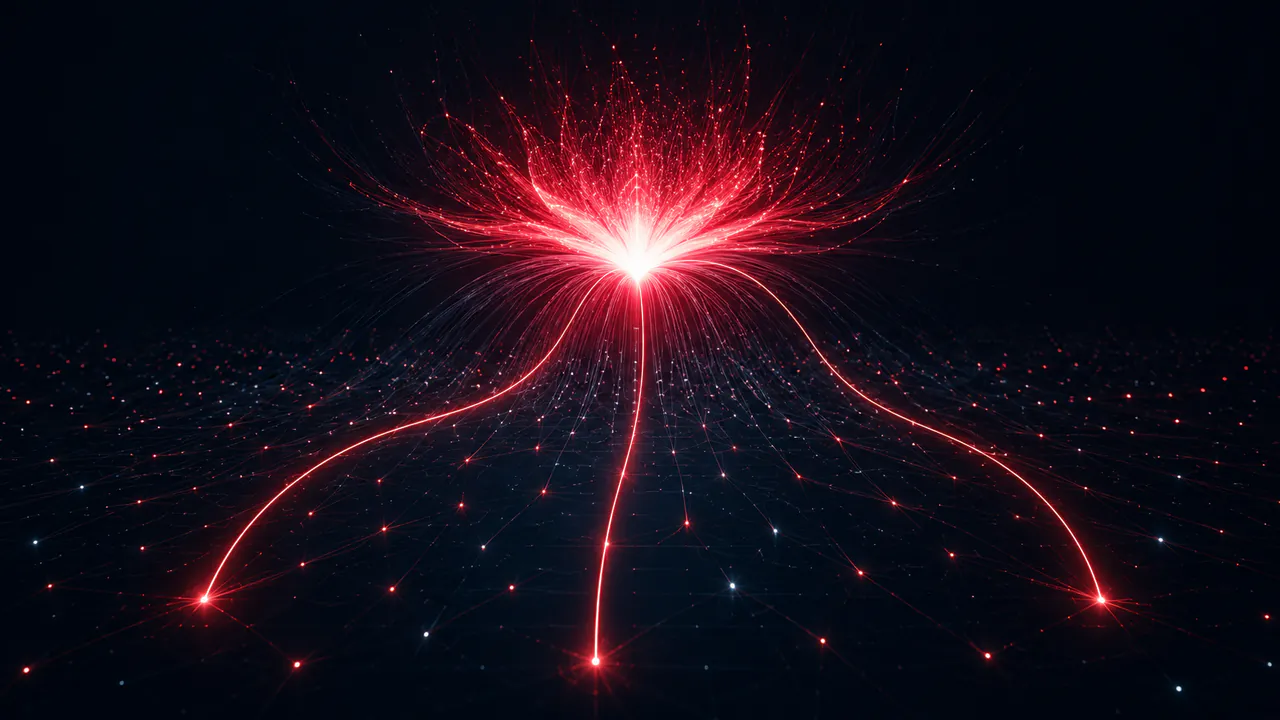 Many faint points on a dark plane feeding light upward into one bright burst, a few threads staying lit back to their source